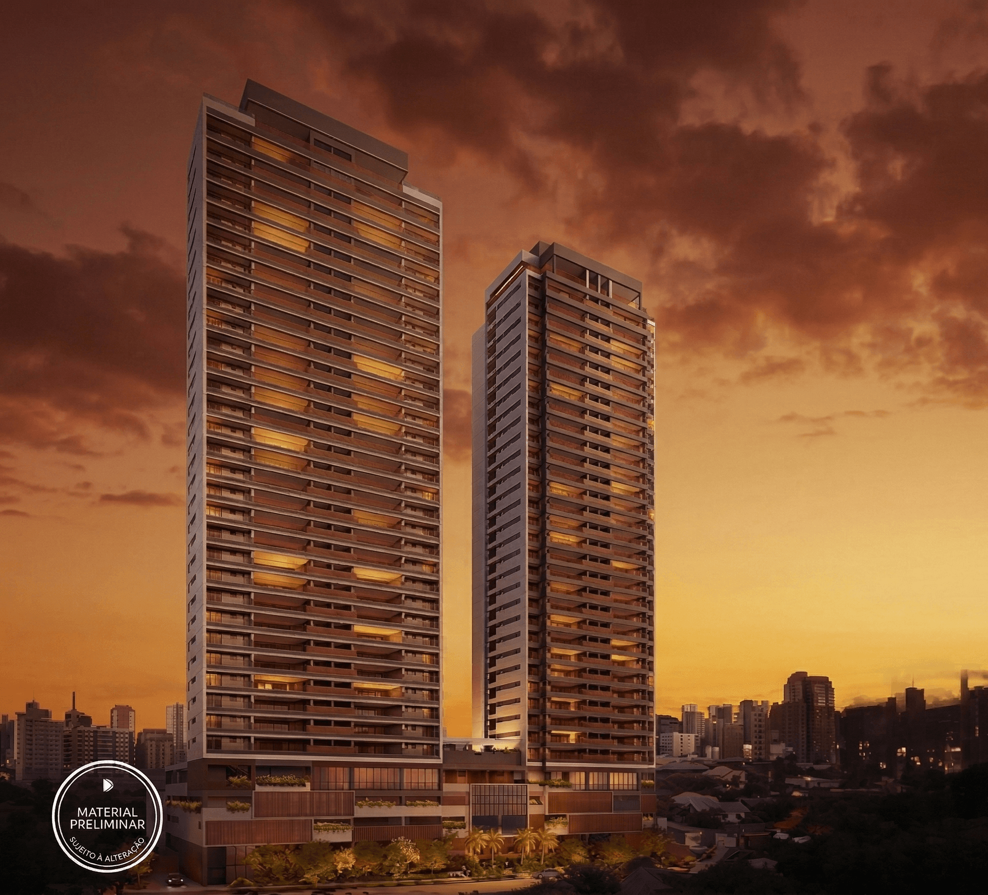 Fachada noturna do empreendimento MONÃ Anália Franco com três torres iluminadas